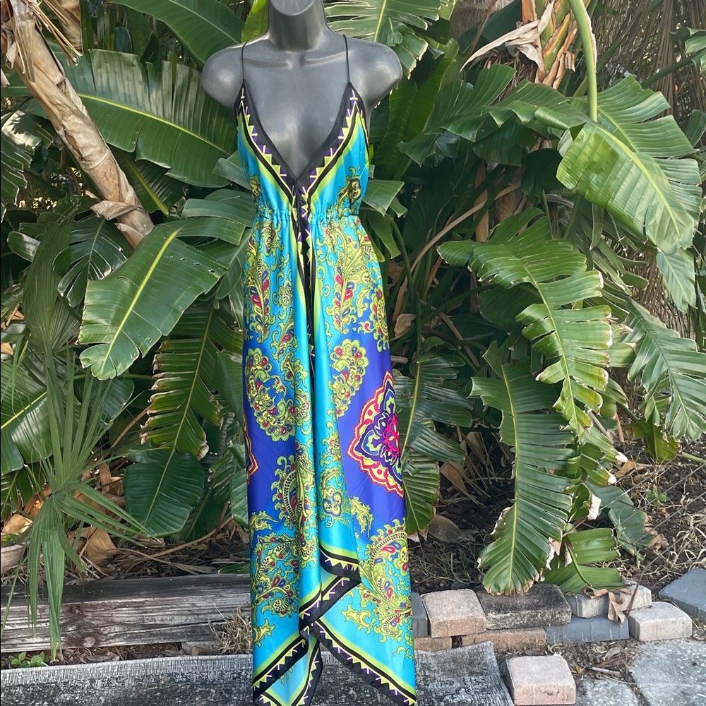 satin handkerchief hem, scarf, print dress
